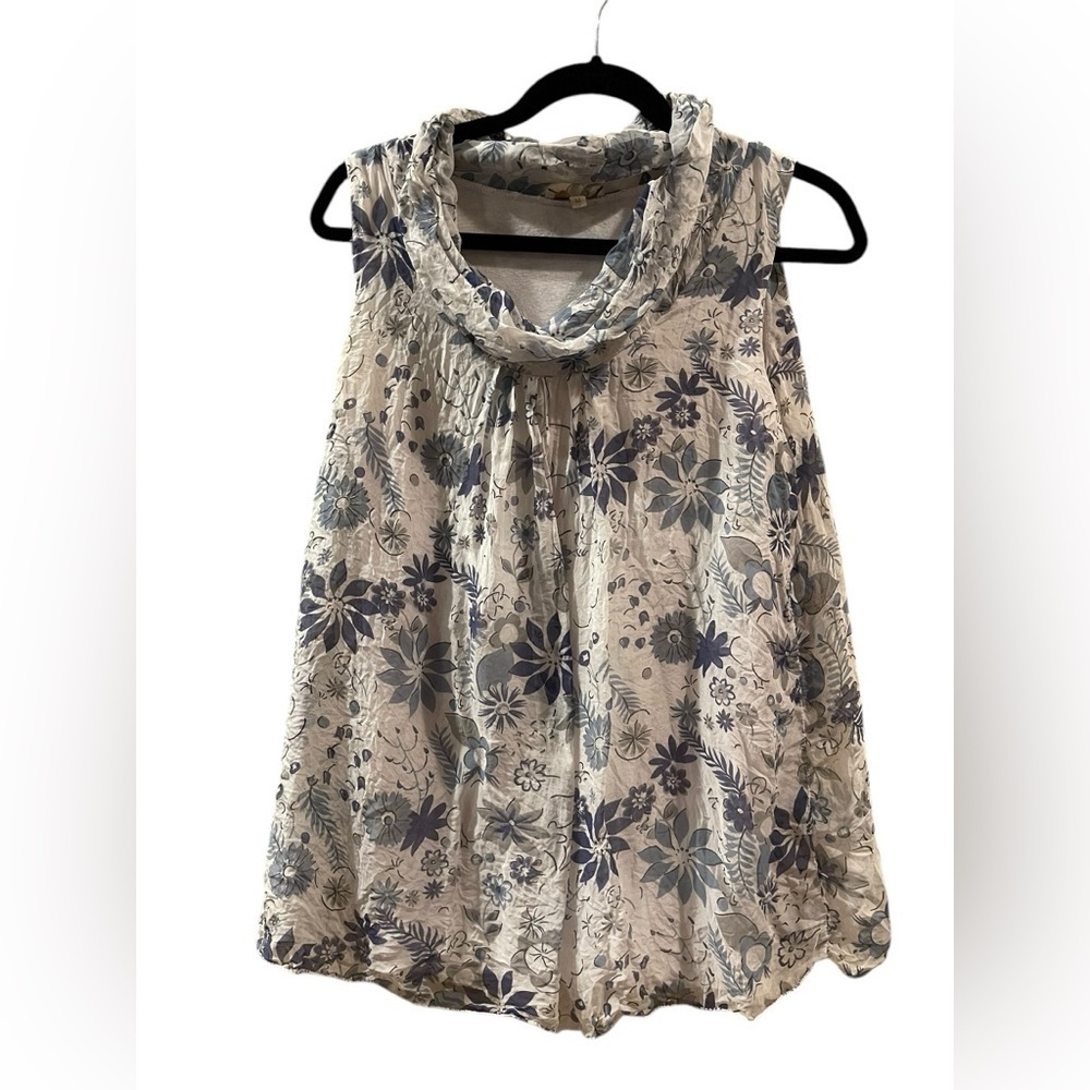 Ambra Women's Silk Blouse Top Lined White & Blue Floral Sleeveless Size: Medium